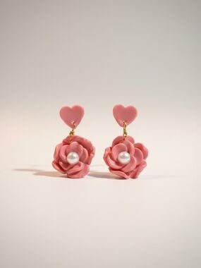 Pink Heart & Rose Pearl Drop Earrings — Feminine Floral Dangle